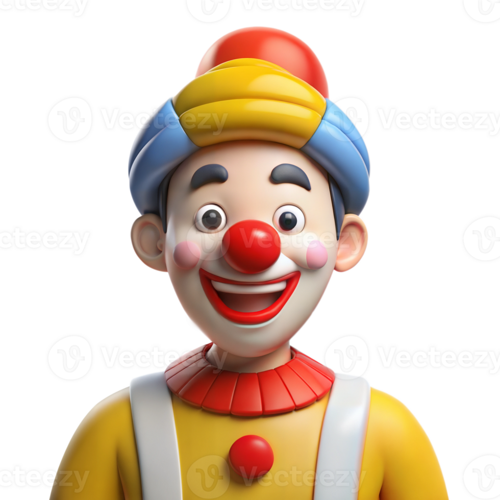 Animated 3D clown with colorful costume and red nose, smiling joyfully, on transparent background png