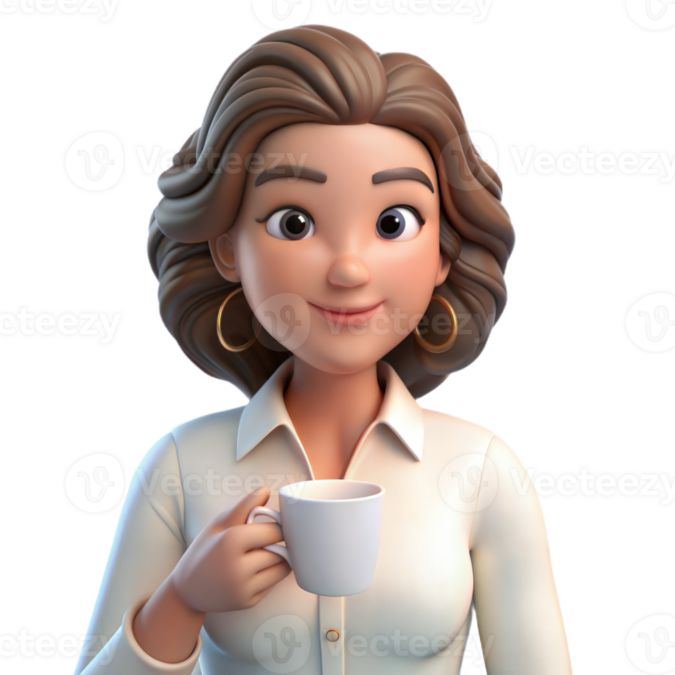 Animated 3D woman with wavy hair holding a coffee cup, smiling warmly, on transparent background png