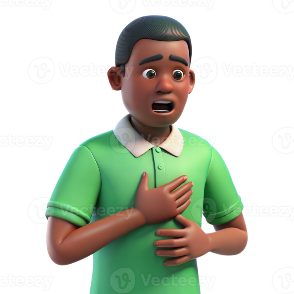 Animated 3D young man in green polo shirt looking nervous, hand on chest, on transparent background png