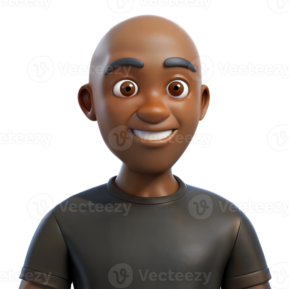 Animated 3D bald man with dark skin smiling warmly, wearing a black t-shirt, on transparent background png