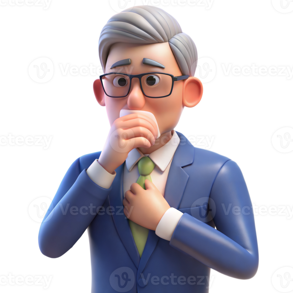 geanimeerd 3d ouderen Mens in bril, vervelend een blauw pak, op zoek bezorgd met hand- naar mond, Aan transparant achtergrond png
