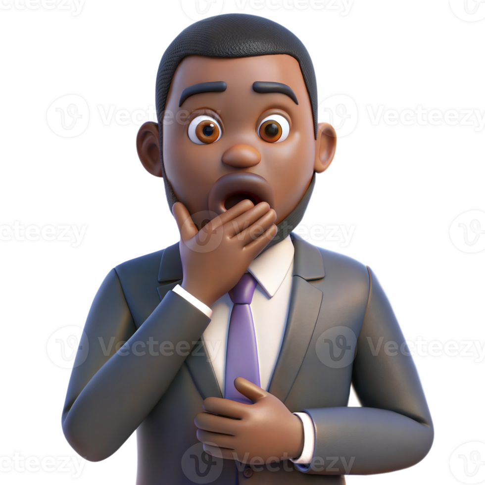 Animated 3D African-American man in business suit, looking surprised, hand to mouth, on transparent background png