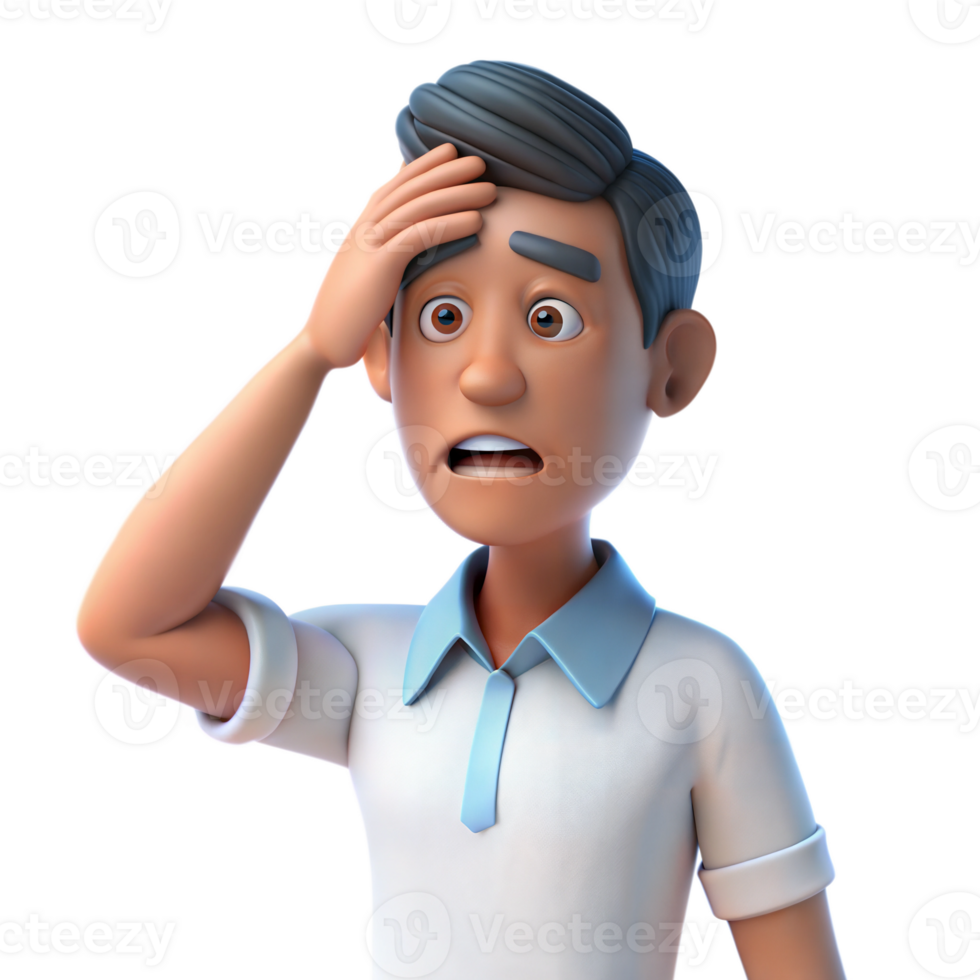 Animated 3D young man with dark hair, wearing white polo, looking surprised with hand on head, on transparent background png