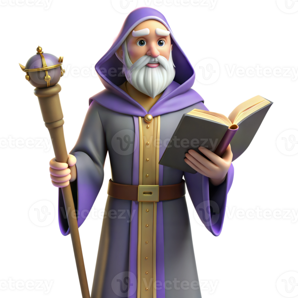 Animated 3D wizard in purple robes holding a staff and an open book, on transparent background png