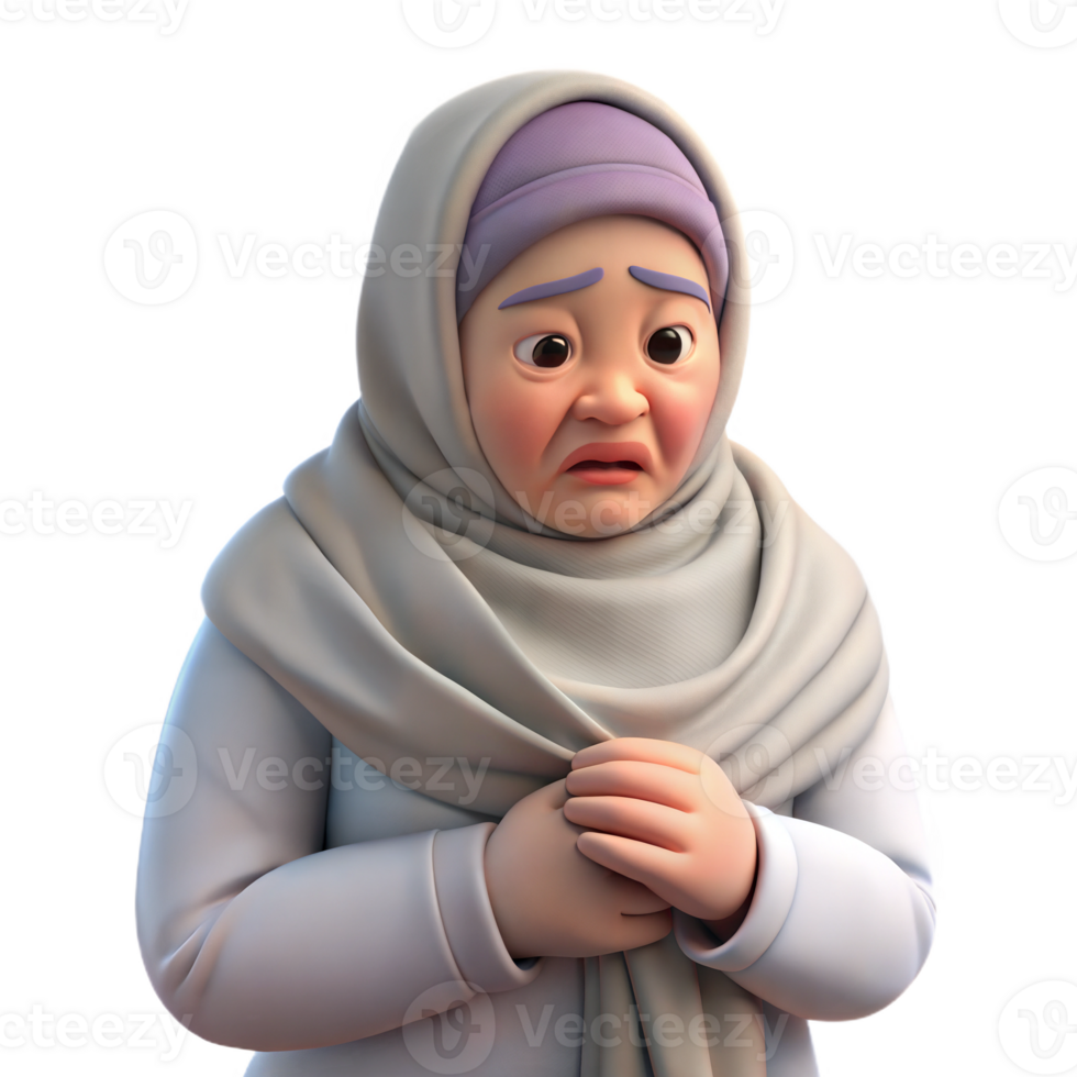 Animated 3D elderly woman in hijab, looking worried with hands together, on transparent background png
