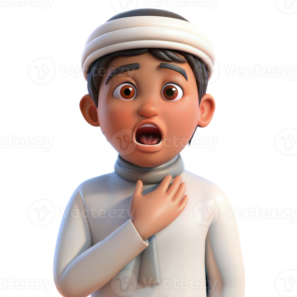 Animated 3D boy in traditional outfit, looking surprised, hand on chest, on transparent background png