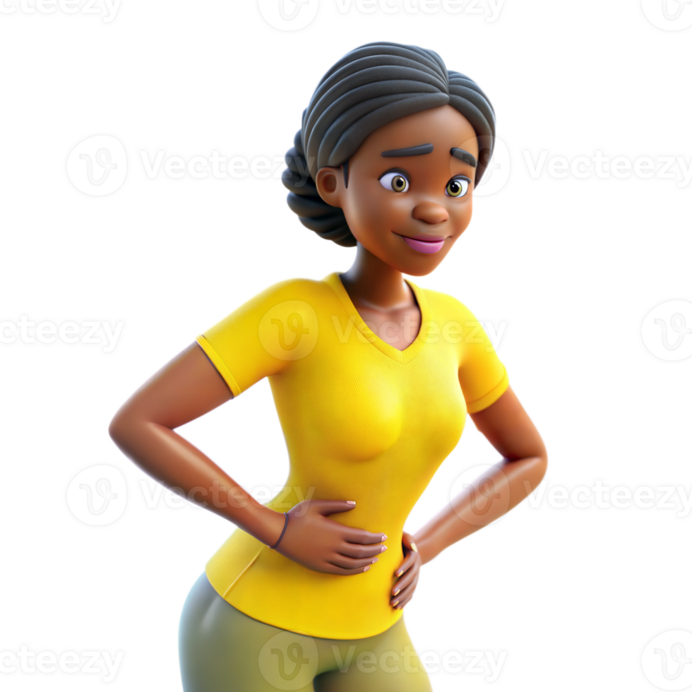 Animated 3D African-American woman in yellow shirt holding her stomach with a pained expression, on transparent background png
