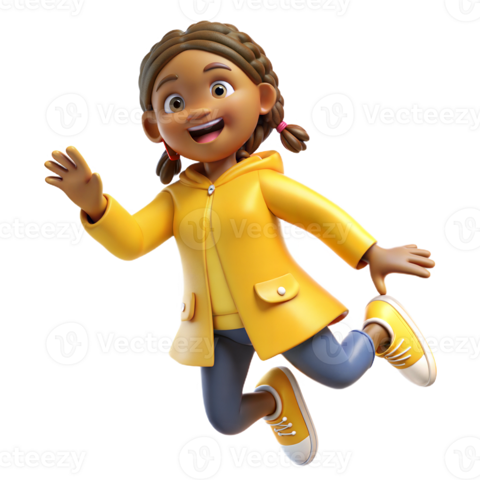 Animated 3D young girl in yellow raincoat jumping excitedly, on transparent background png