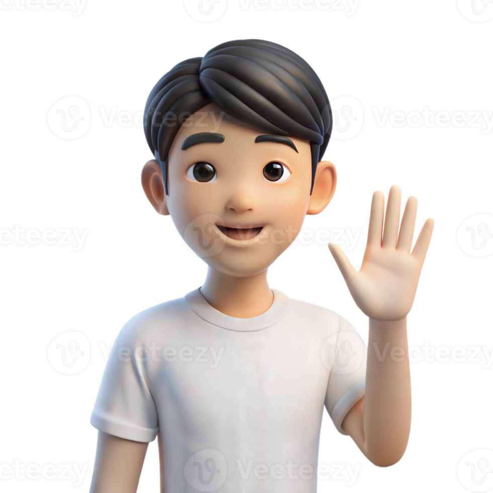 Animated 3D young boy with short dark hair waving happily, on transparent background png
