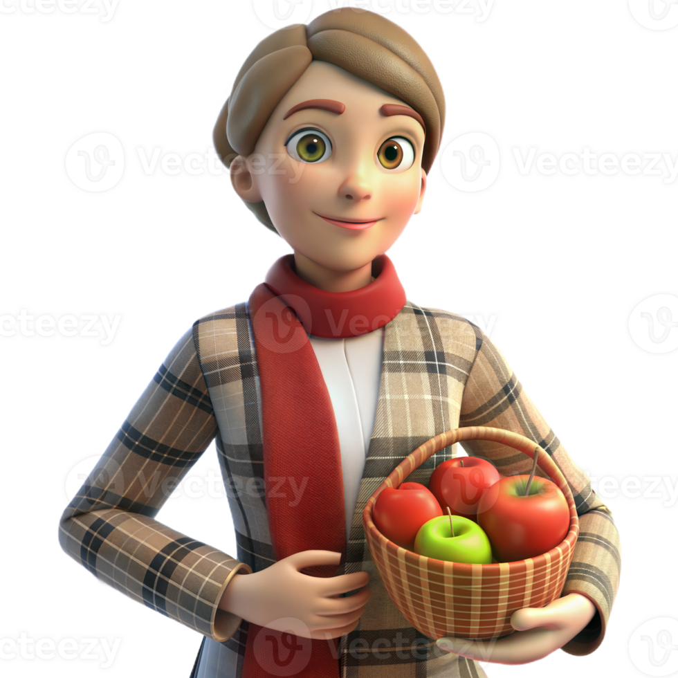 Animated 3D woman in plaid shirt holding a basket of apples, smiling warmly, on transparent background png