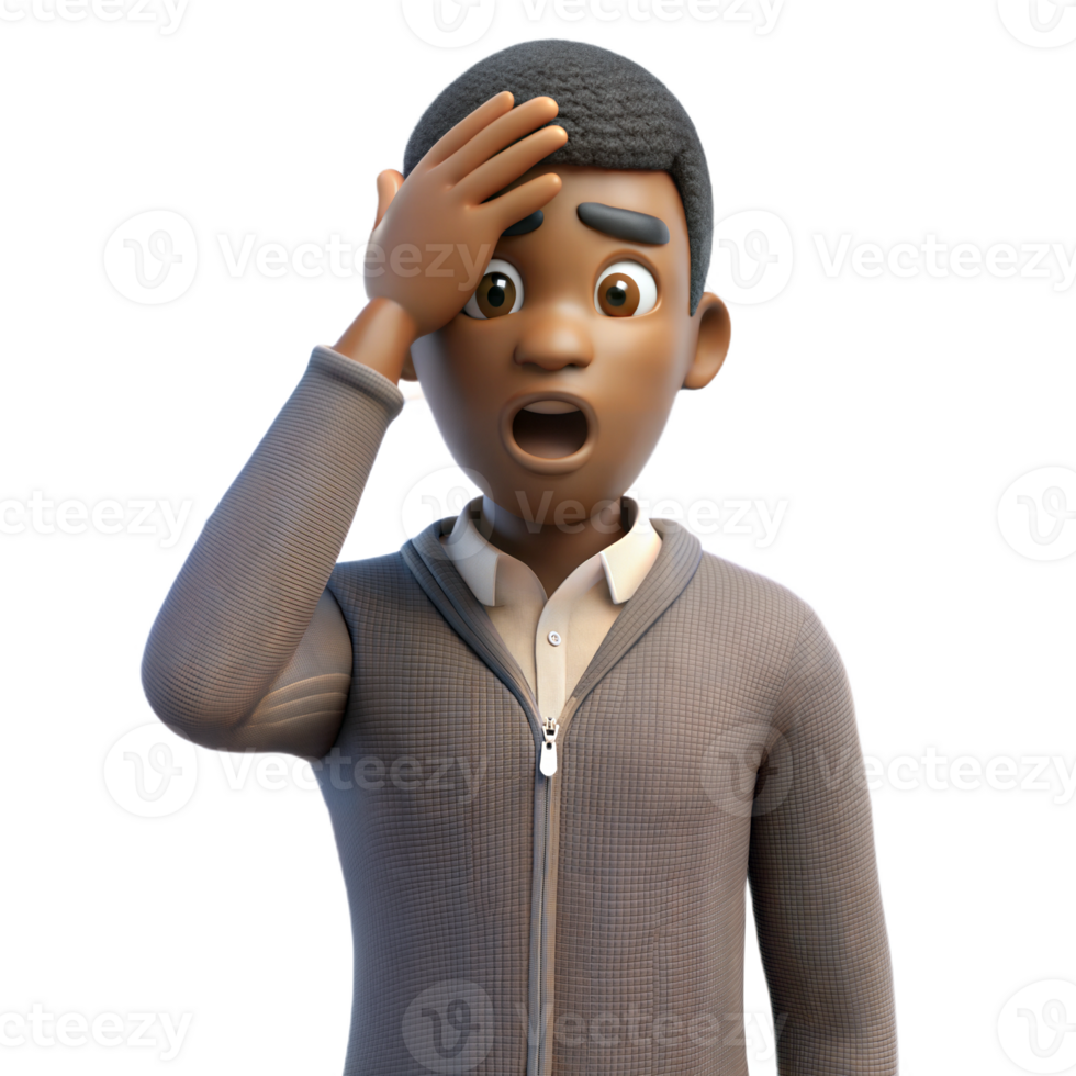 Animated 3D man in grey hoodie looking shocked, hand on head, on transparent background png