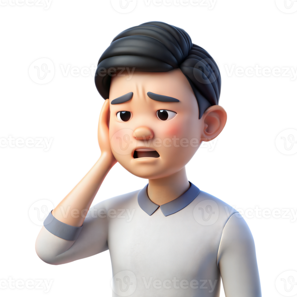 Animated 3D young boy in grey shirt looking worried, hand on head, on transparent background png