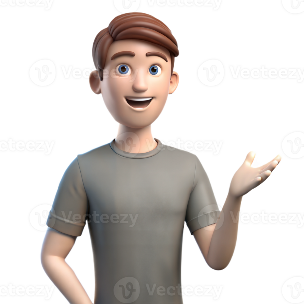 Animated 3D young man in grey shirt smiling confidently and waving, on transparent background png