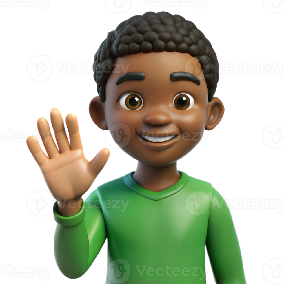 Animated 3D boy with curly hair in green shirt waving cheerfully, on transparent background png