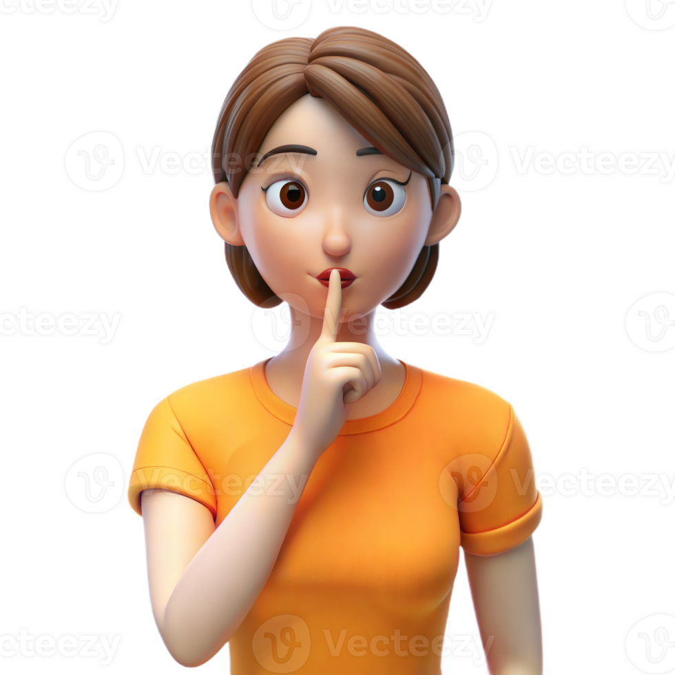 Animated 3D young girl in orange shirt making a shushing gesture with finger, on transparent background png