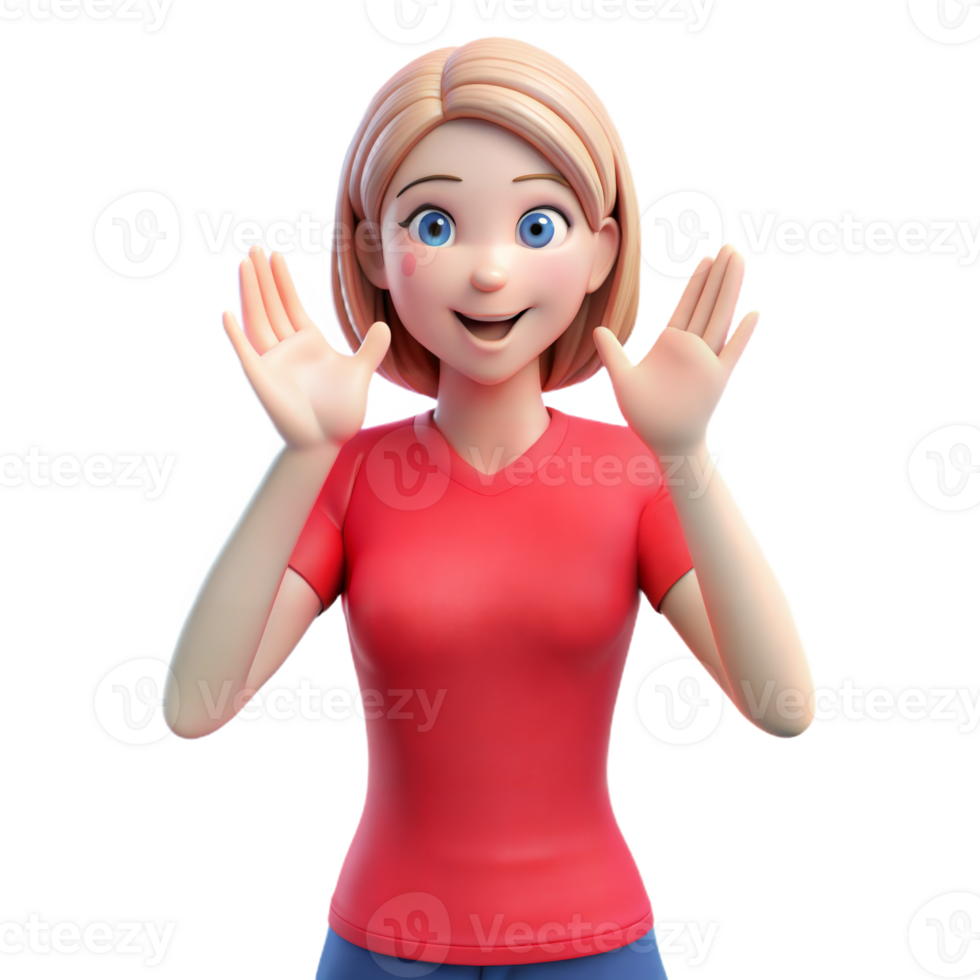 Animated 3D young woman in red shirt with hands raised, smiling excitedly, on transparent background png
