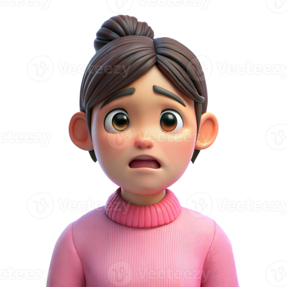 Animated 3D woman with bun hairstyle, pink sweater, looking worried, hands together, on transparent background png