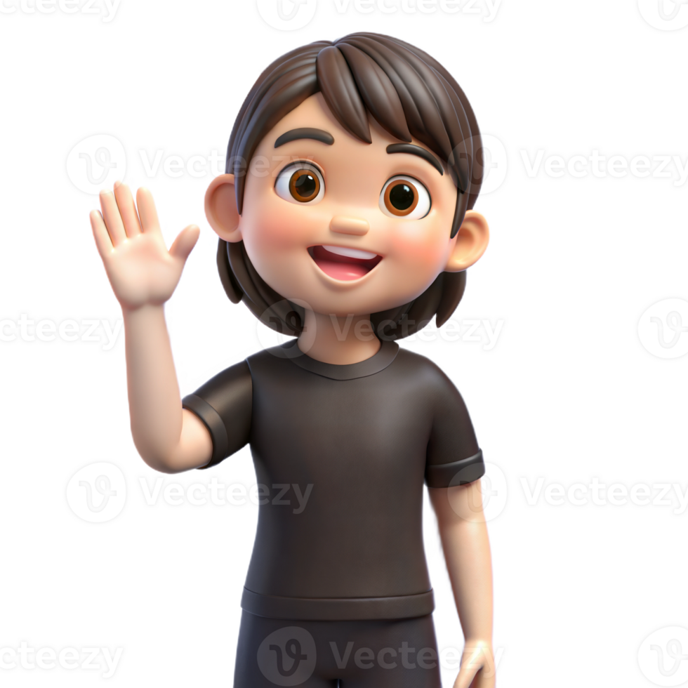 Animated 3D boy with short dark hair in black t-shirt, smiling and waving, on transparent background png