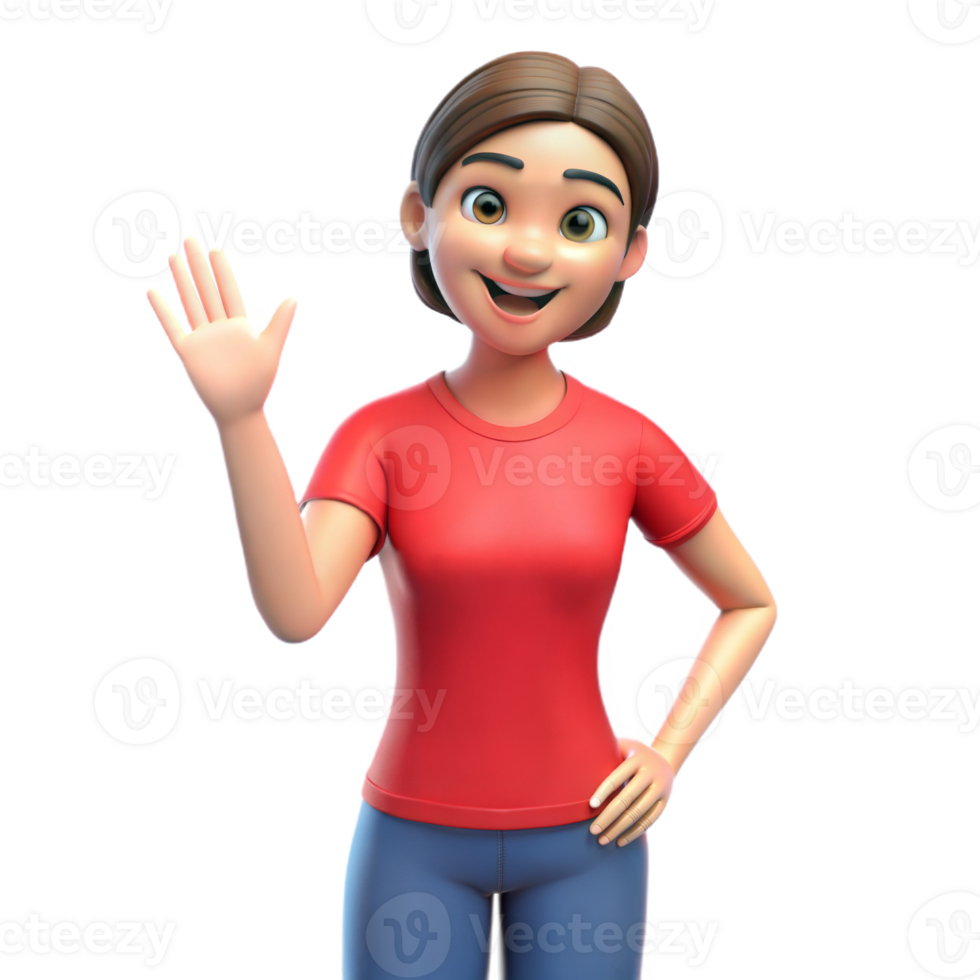 Animated 3D woman in red shirt, waving with a smile, on transparent background png