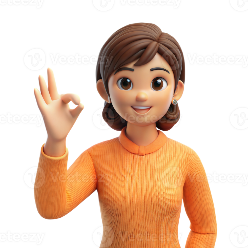 Animated 3D woman with short brown hair and orange sweater waving with a smile, on transparent background png