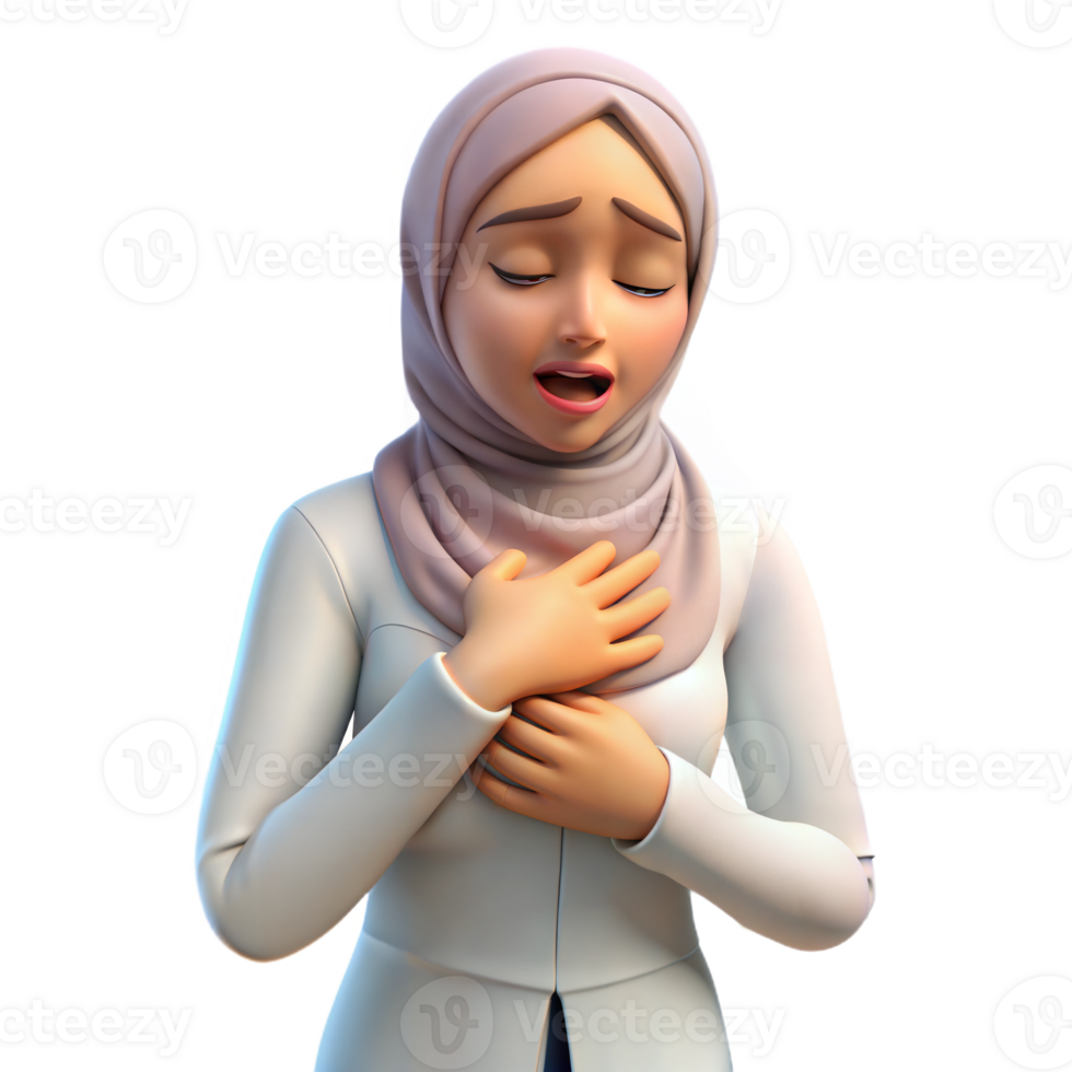 Animated 3D woman in hijab, holding her hands to her chest with a worried expression, on transparent background png