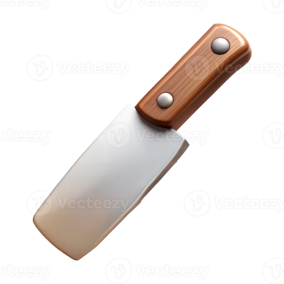 Animated 3D meat cleaver with wooden handle, isolated on transparent background png