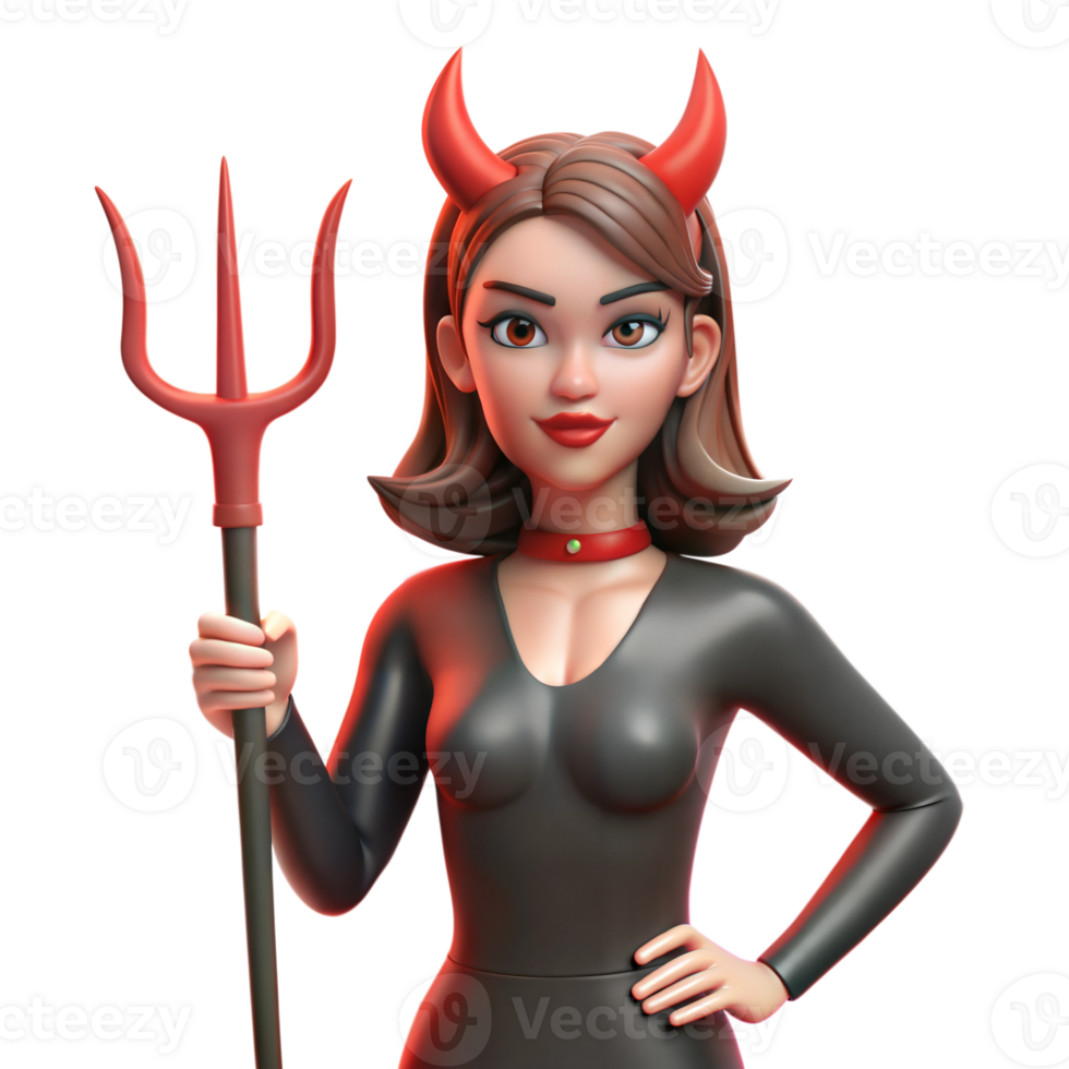 Animated 3D woman in devil costume with horns, holding a pitchfork and smiling, on transparent background png