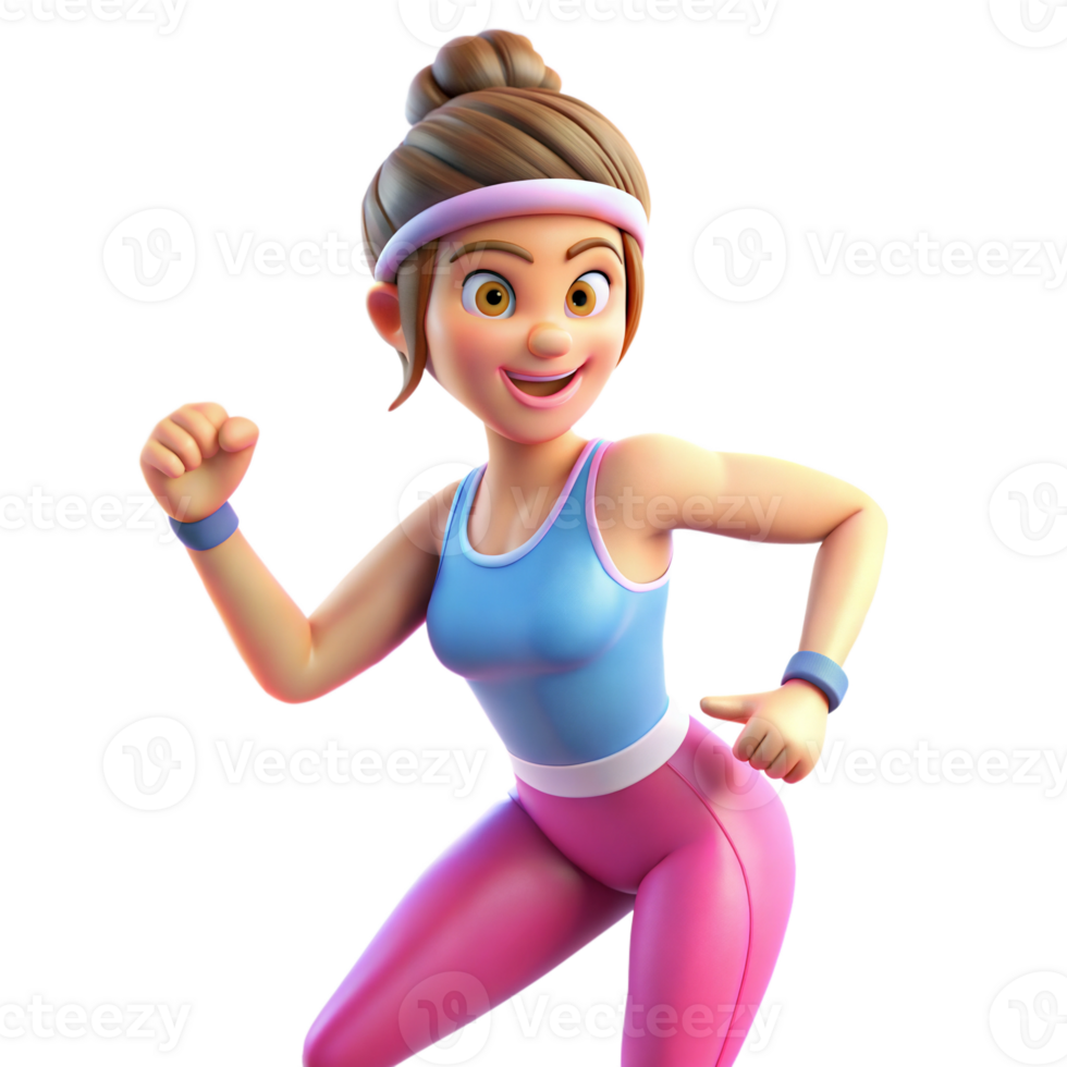 Animated 3D woman in exercise clothes, smiling confidently while posing, on transparent background png