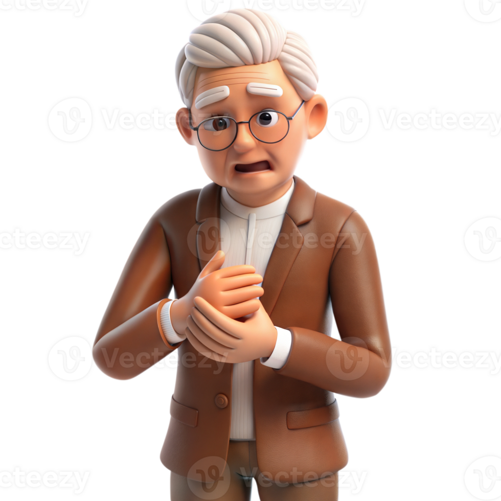 Animé 3d personnes âgées homme avec lunettes, à la recherche inquiet avec mains serré, sur transparent Contexte png