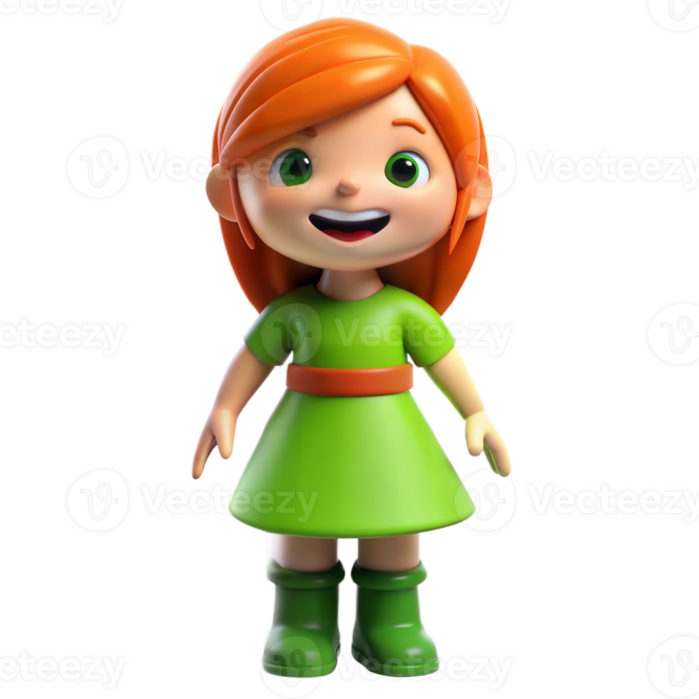 Animated 3D little girl with red hair in a green dress, smiling joyfully, on transparent background png