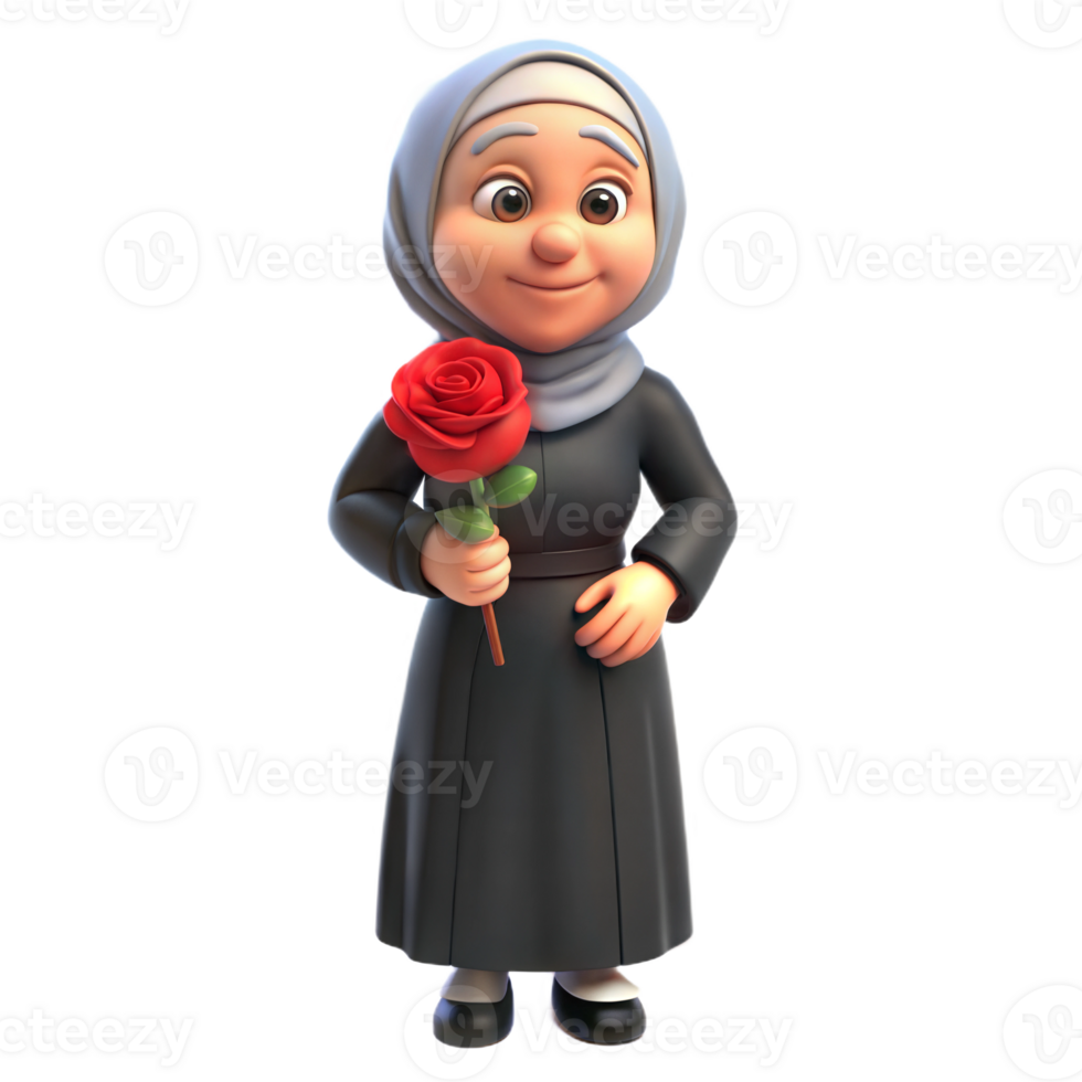 Animated 3D woman in a nun's habit holding a red rose, smiling warmly, on transparent background png