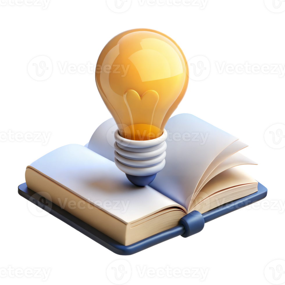 Animated 3D lightbulb resting on an open book, symbolizing ideas and knowledge, on transparent background png