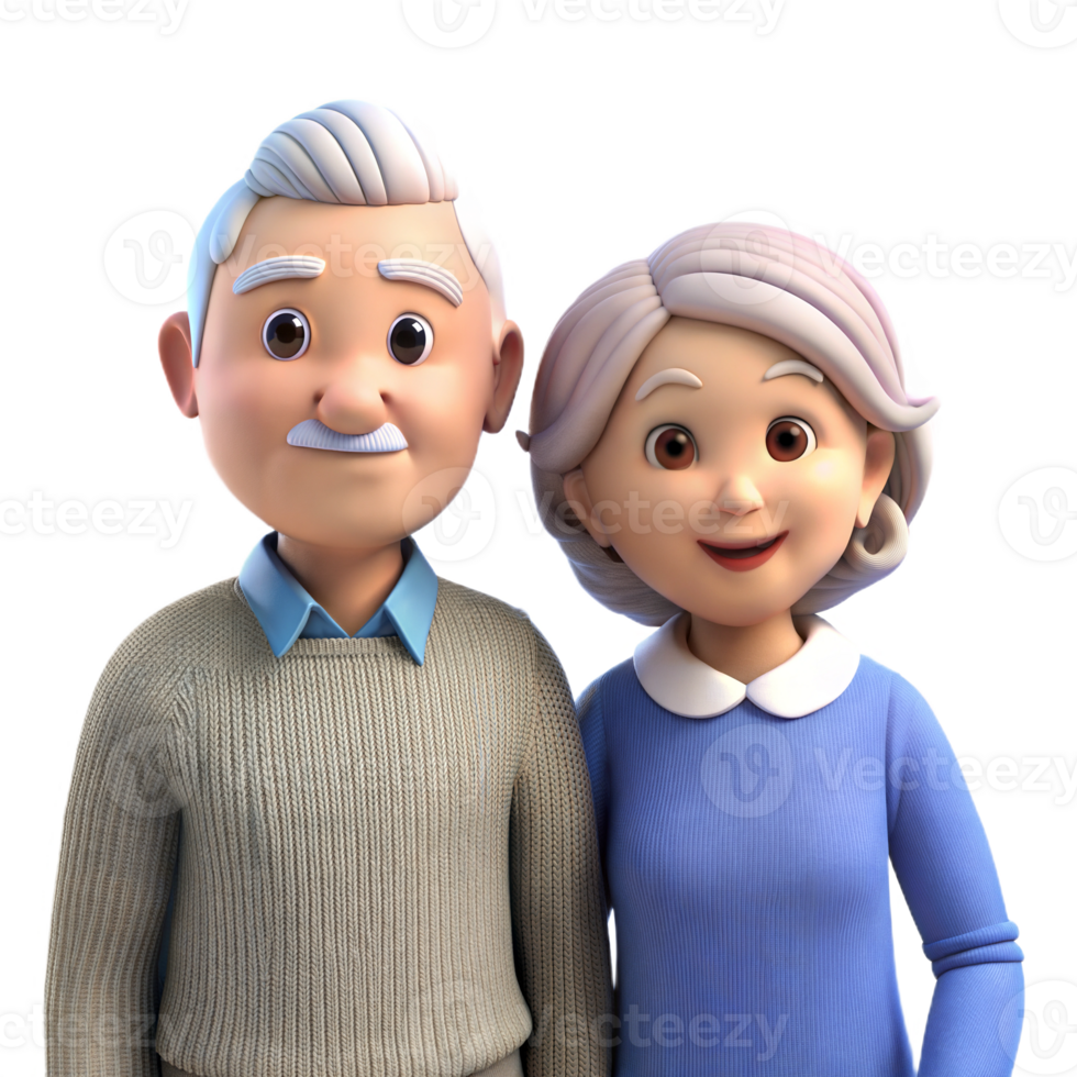 Animated 3D elderly couple smiling together, man in sweater and woman in blue dress, on transparent background png