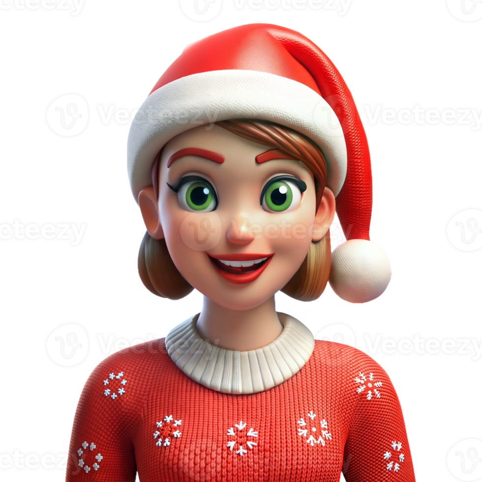 Animated 3D woman in Santa hat and red sweater, smiling joyfully, on transparent background png