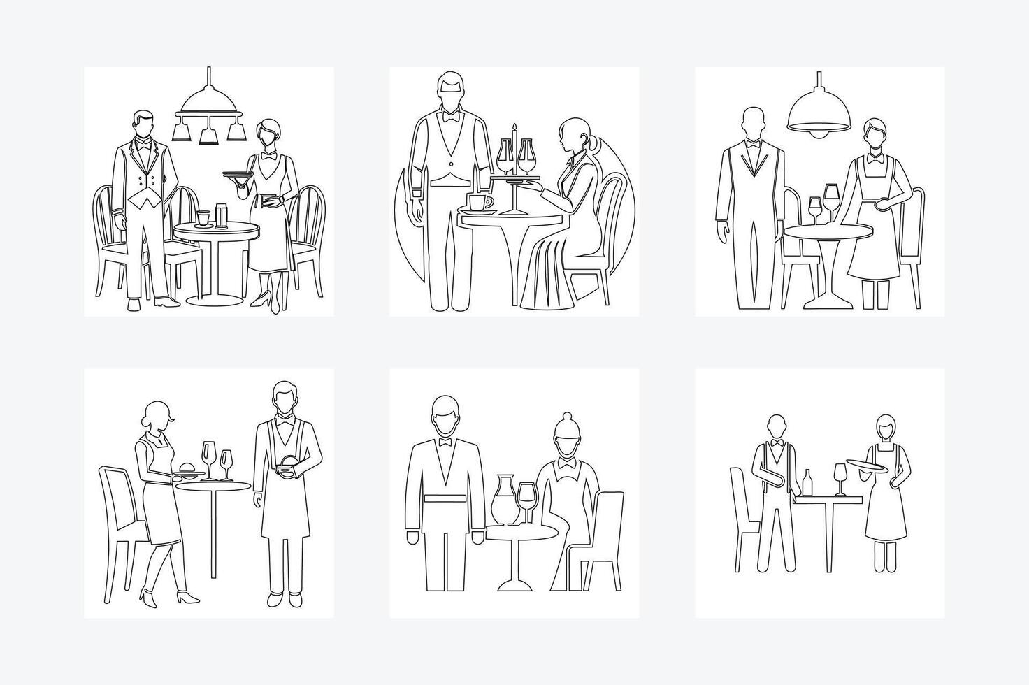 One Line Illustration of Restaurant and Waiter on White Background one line Art for Restaurants vector
