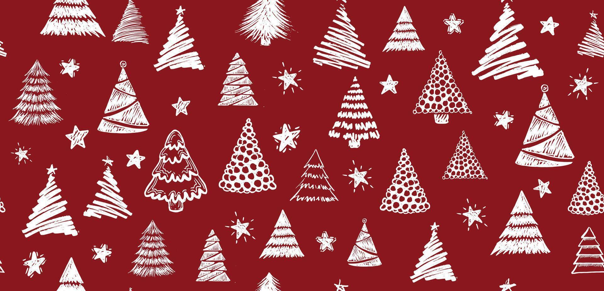 Christmas tree, New Year set on red, hand drawn illustrations. . vector