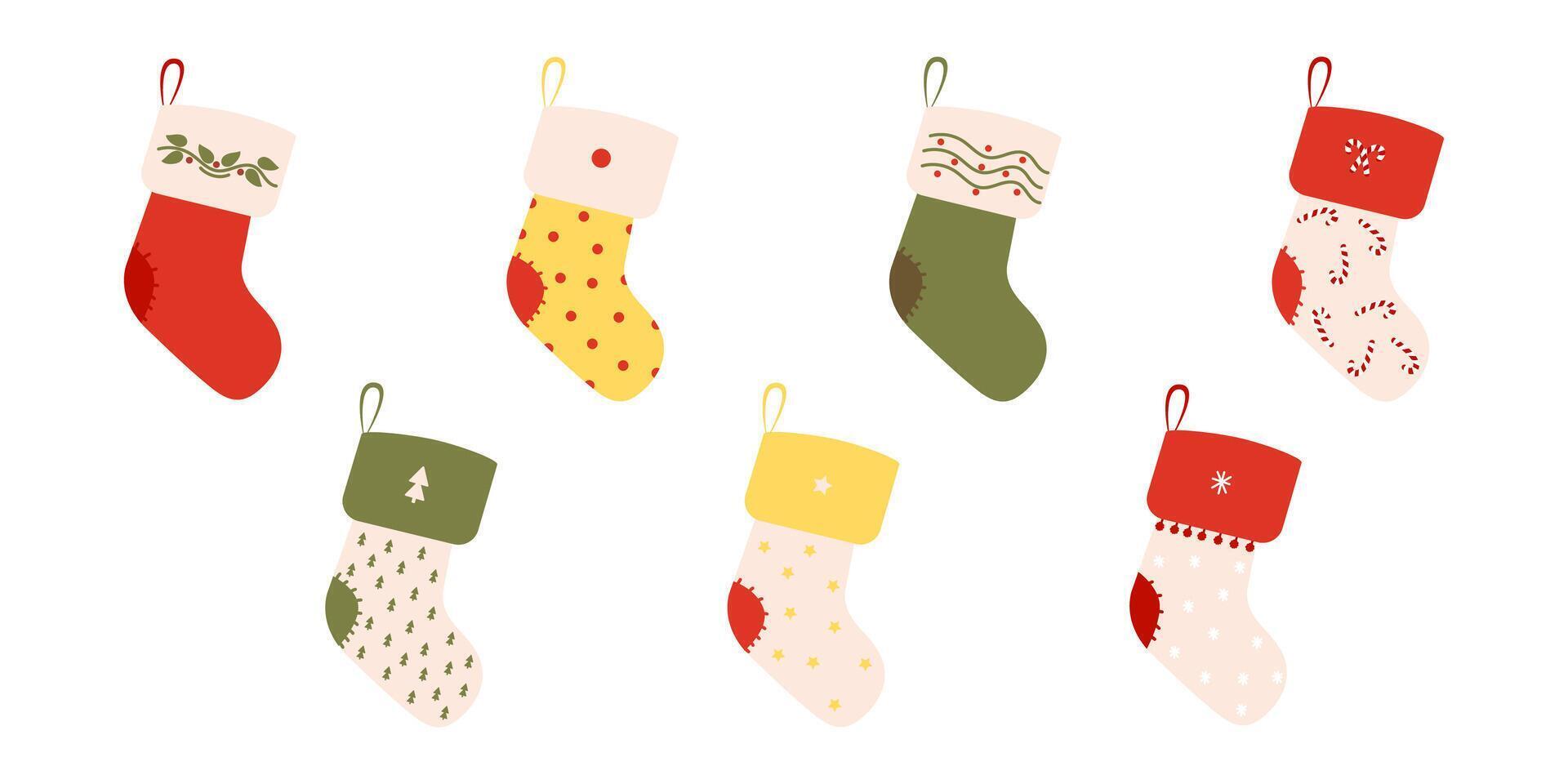 Set of winter New Year's socks. Flat clothing element and attributes of winter celebration with different designs, patterns, colors and drawings. Festive colorful stockings. vector