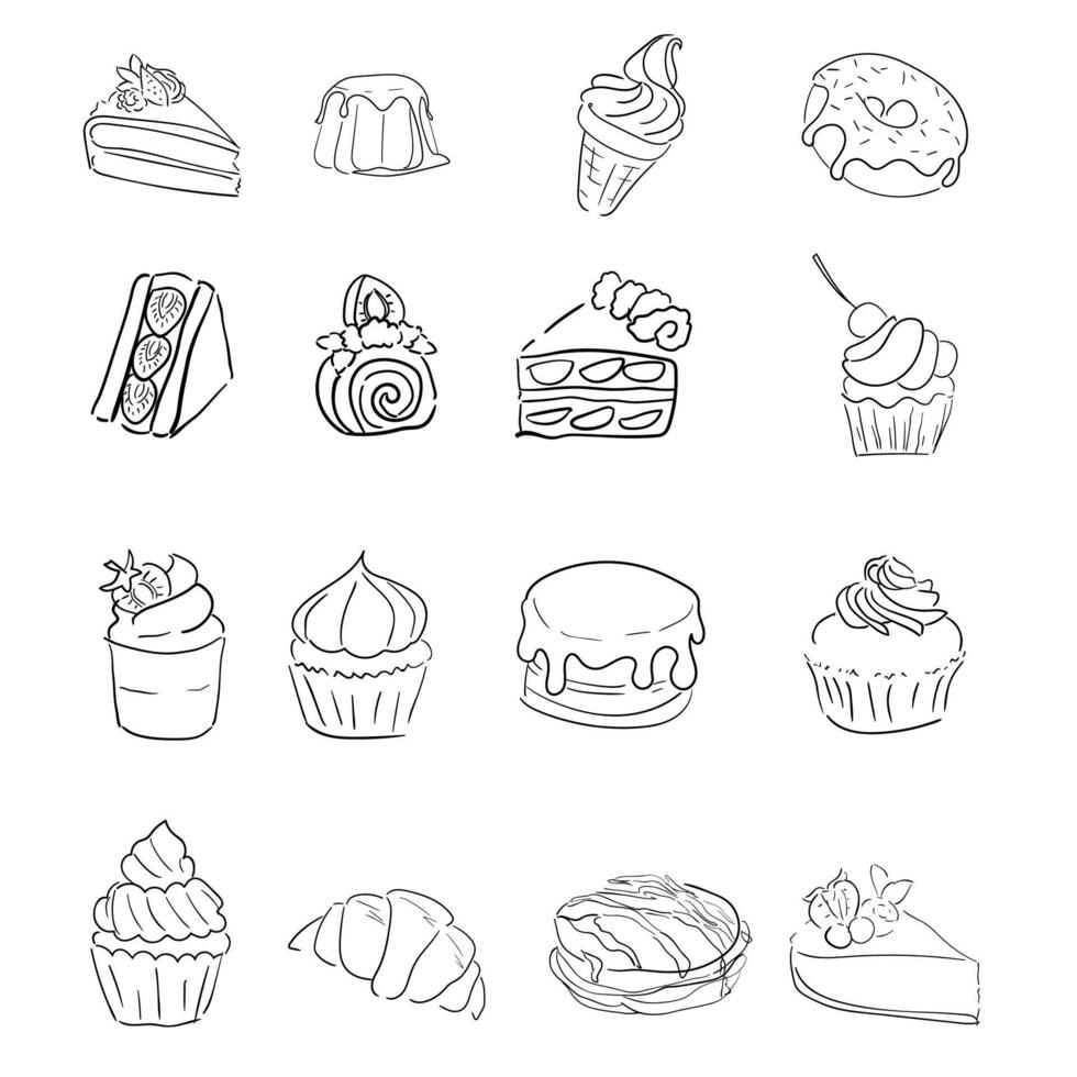 set of cakes, sketches, food and cheesecakes. Collection of sweet dishes, desserts. Hand drawn illustration of sweets. Cake slices outline isolated from background. vector