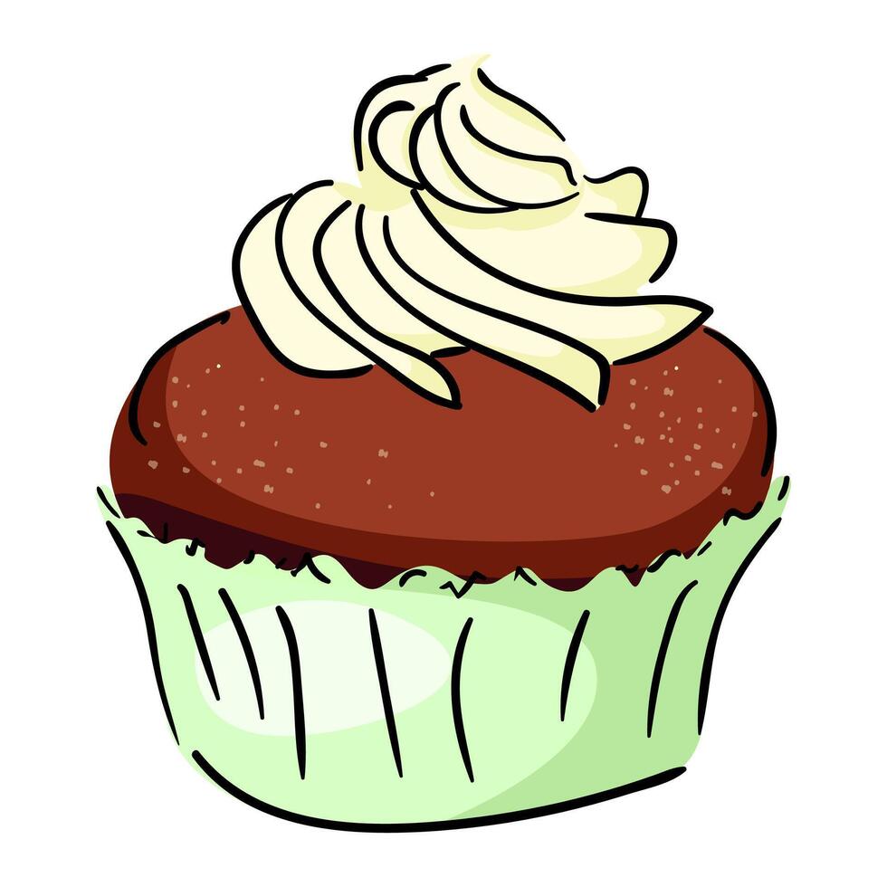 Chocolate Cupcake Shortcake Delicious cream. Cartoon Style Design Isolated Illustration. Hand drawn linear color. vector