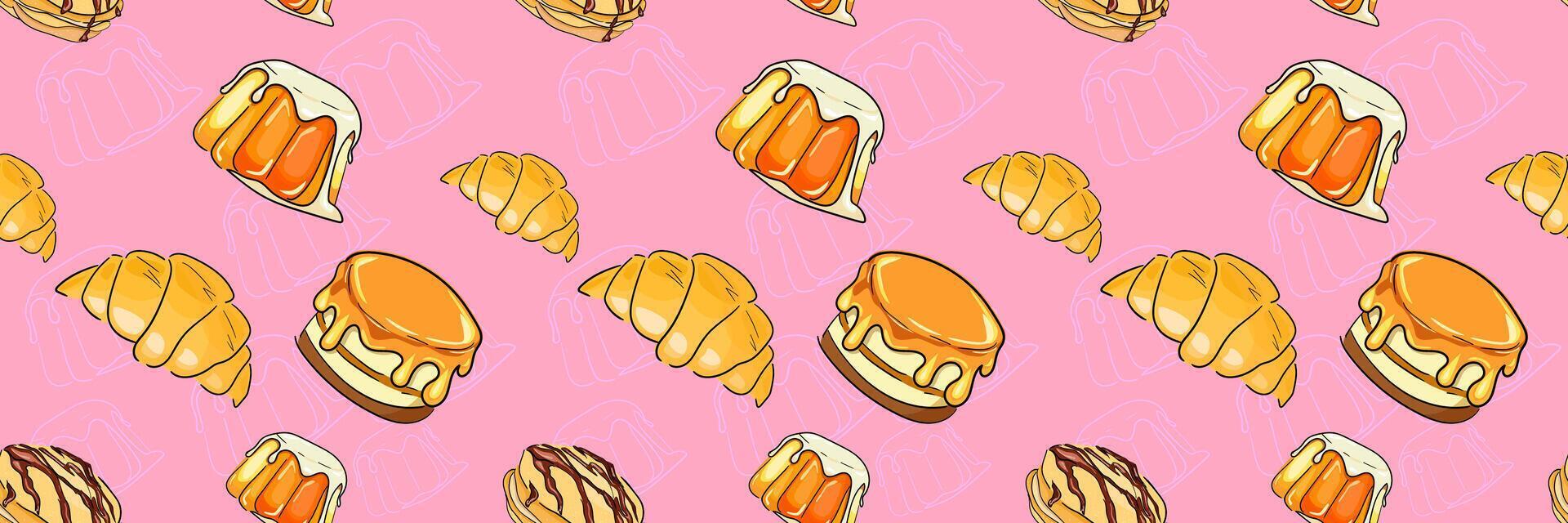 Pastry bakery and sweets jelly pudding, croissant and cake seamless pattern illustration. Pink orange bright pattern. vector