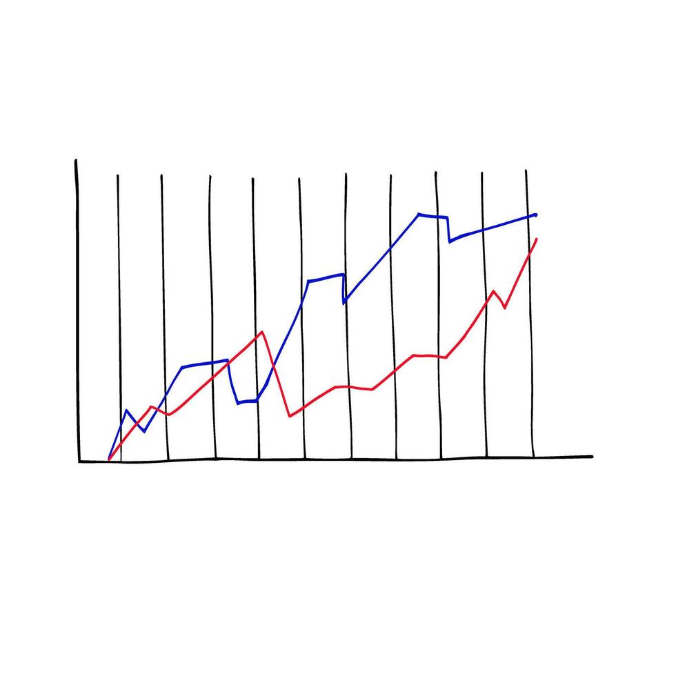 Analytical graphic chart with red, blue trend lines hand drawn ink sketch. Change in time of election results or income, plans. illustration for business data presentation, election results vector