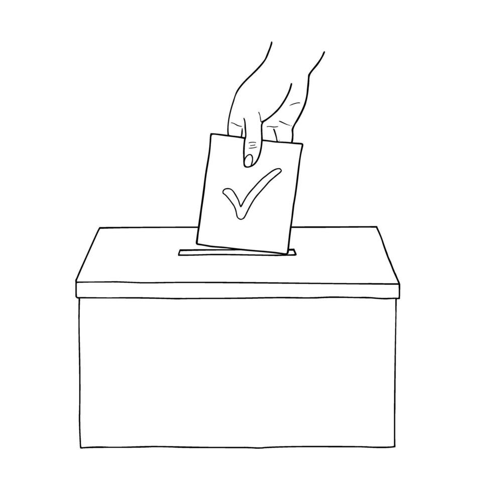 Human hand inserting voting paper into ballot box isolated illustration painted by black inks. Putting the choice sketch. Election day concept for brochure, promotional, presentation, poster vector