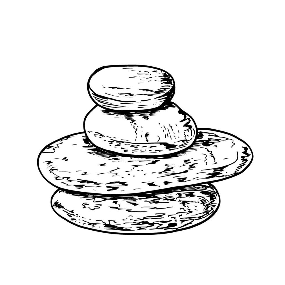 Pyramid of four sea stones of different sizes hand drawn illustration. Etching drawing of pebbles balancing on each other. For creating new composition, spa centers, coloring book vector