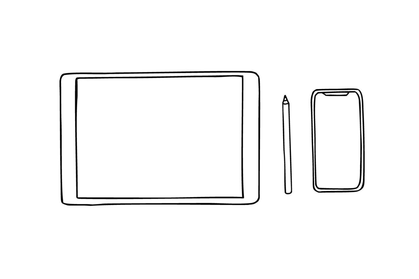 Monochrome smartphone and tablet with touchscreen, stylus sketch painted by black inks. Etching drawing of electronic devices with blank empty display. Mobile elements for adverts, stores vector