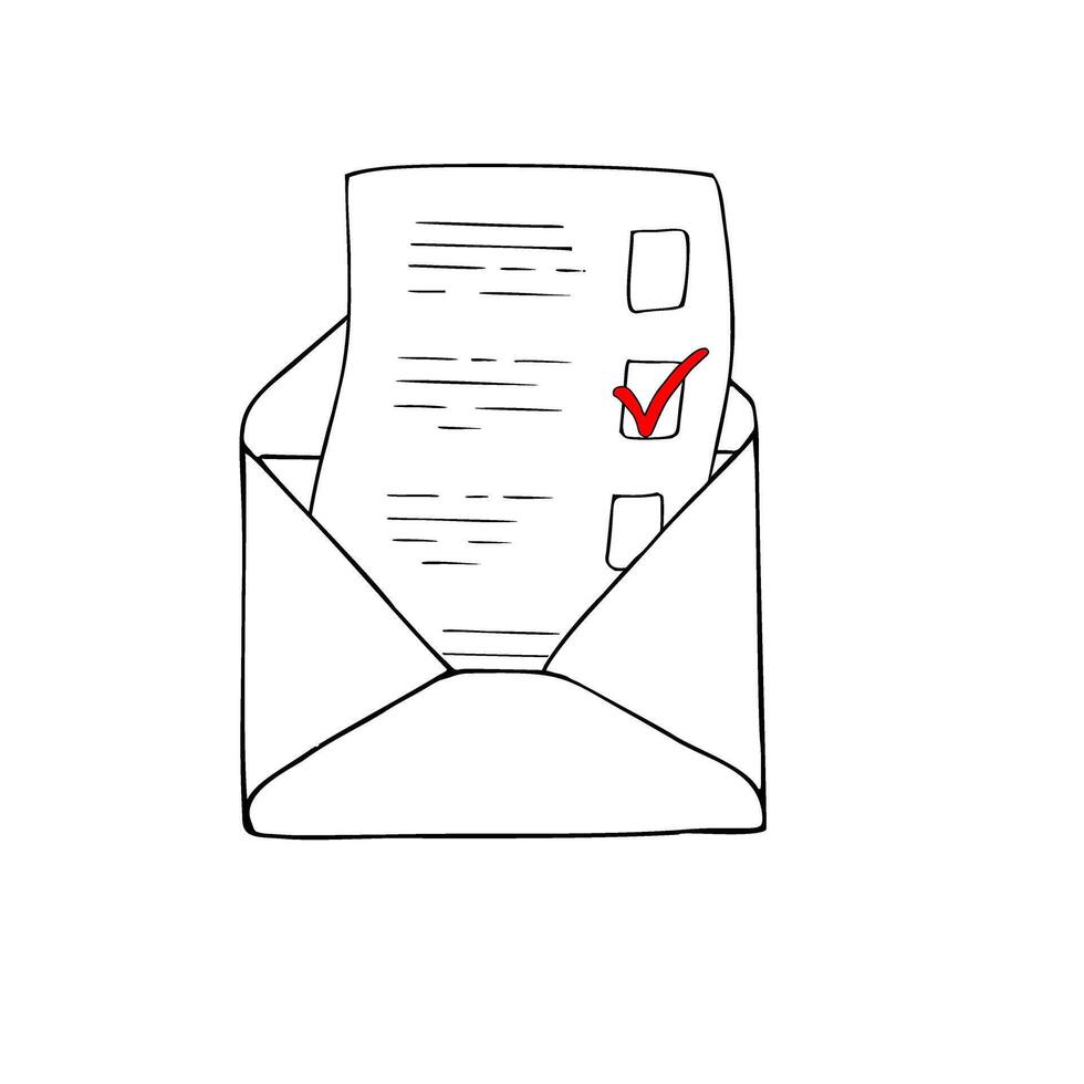 letter with red checkmark in open envelope icon line art black ink sketch. Monochrome sign, post outline symbol for election day illustration painted by black inks. For web sites, apps, stores vector