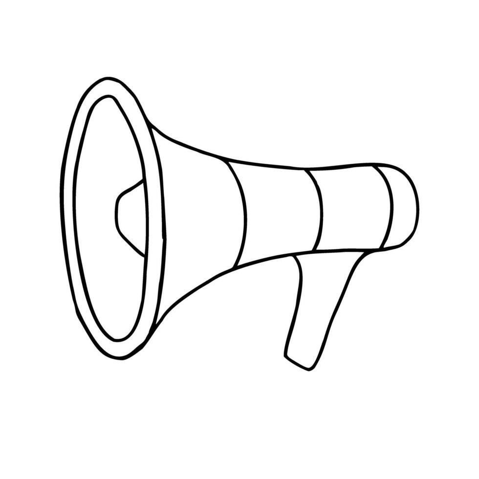 Monochrome loudspeaker sketch painted by black inks. Etching drawing of sound and voice amplifier. Horn template illustration for message icon, promotion, marketing design, poster vector