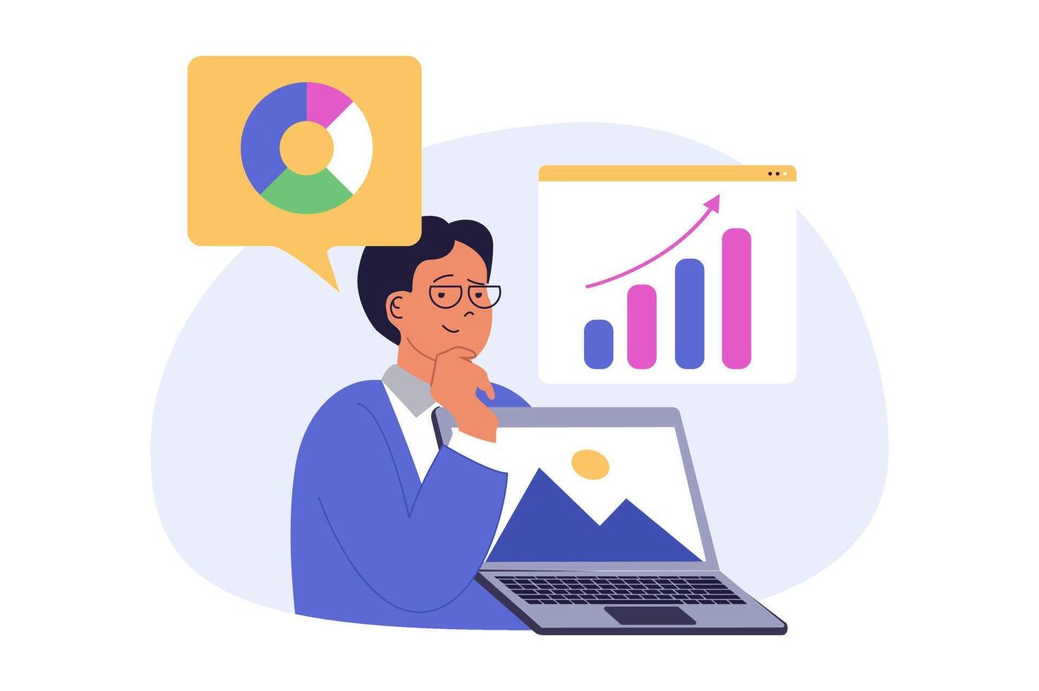 Business concept in modern flat design for web. Businessman analyzing financial report and calculating charts, working at laptop, brainstorming, developing company organization. illustration. vector