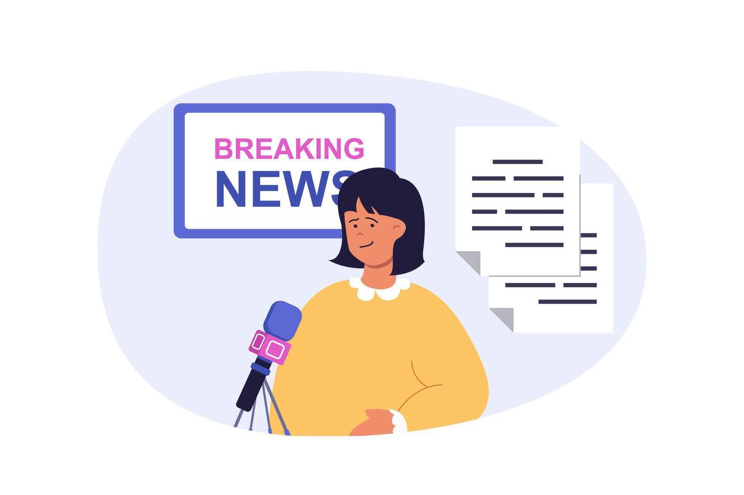 Journalism concept in modern flat design for web. Woman working as presenter in tv show with breaking news in studio, broadcasting information in mic, makes articles publications. illustration. vector