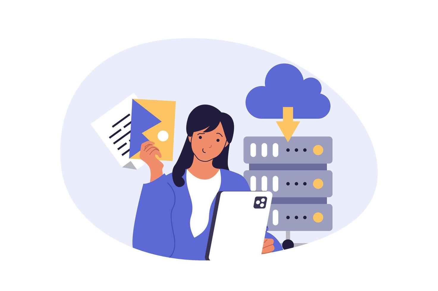 Cloud computing concept in modern flat design for web. Woman using database service and processing data, downloading digital document files, sharing content and managing online. illustration. vector