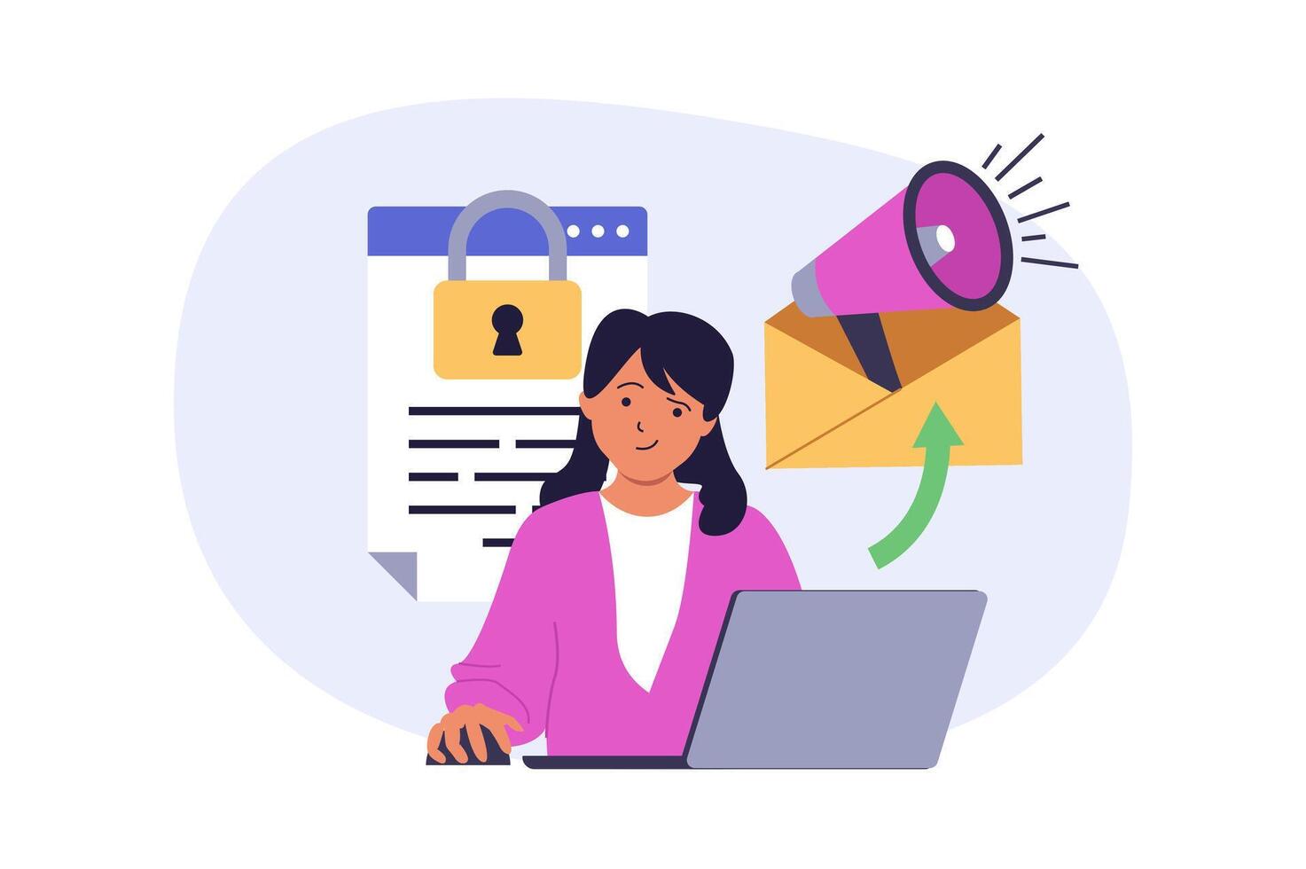 Marketing and development concept in modern flat design for web. Woman doing promo emails with business announcement for clients, makes advertising strategy for project at agency. illustration. vector